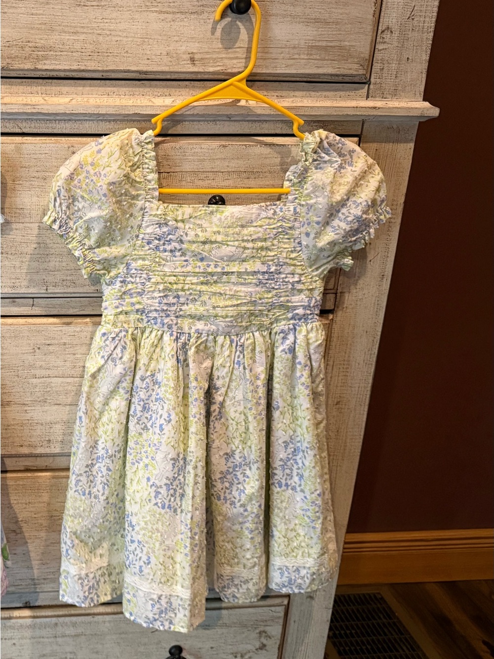 Smocked Puff-Sleeve Kids Dress in Light Blue and Cream Floral